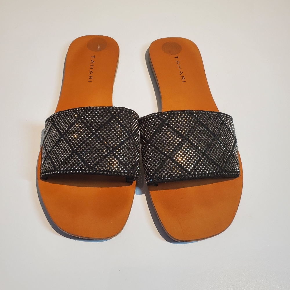 Tahari embellished metallic slide sandals in size 9